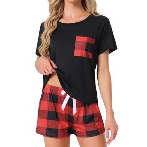 Sleepwear Short Sleeve T-Shirt with Shorts Plaid Couple Pajama Set Red